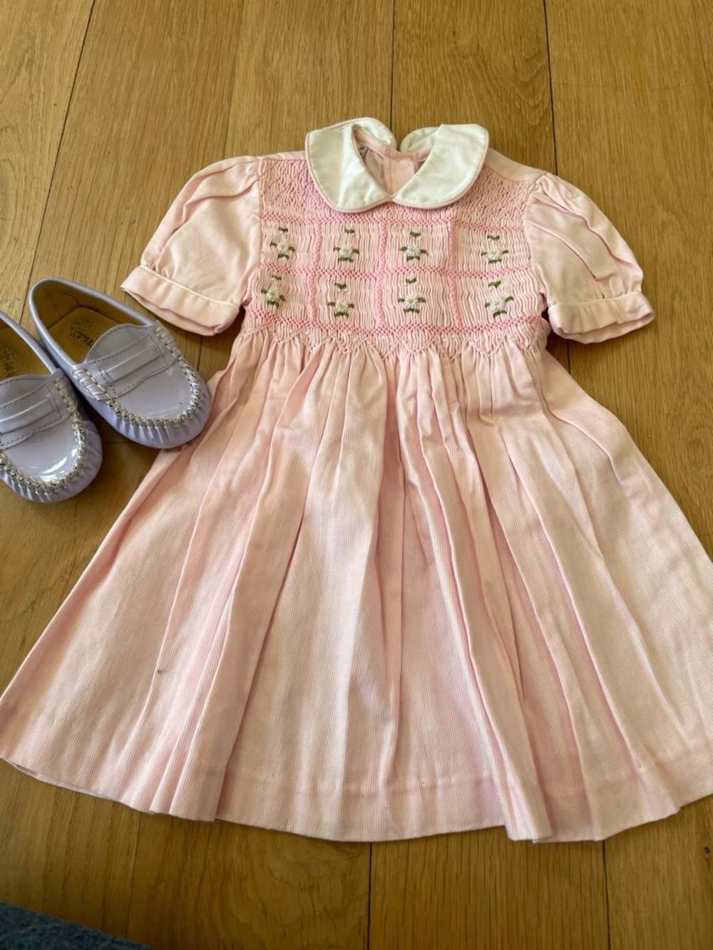 Pink Smocked Peter Pan Collar Dress and Lavender Trumpette Shoes